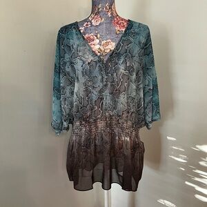 Snake Print Blue Teal Brown Shirt Top Swim Cover up